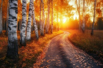 Fototapeta premium Autumn sunset along a winding path through a birch forest