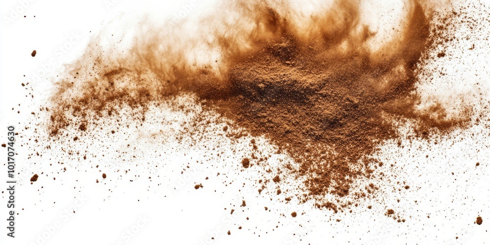 Poster an abstract and dynamic display showcasing a mesmerizing brown dust explosion, capturing the intrica