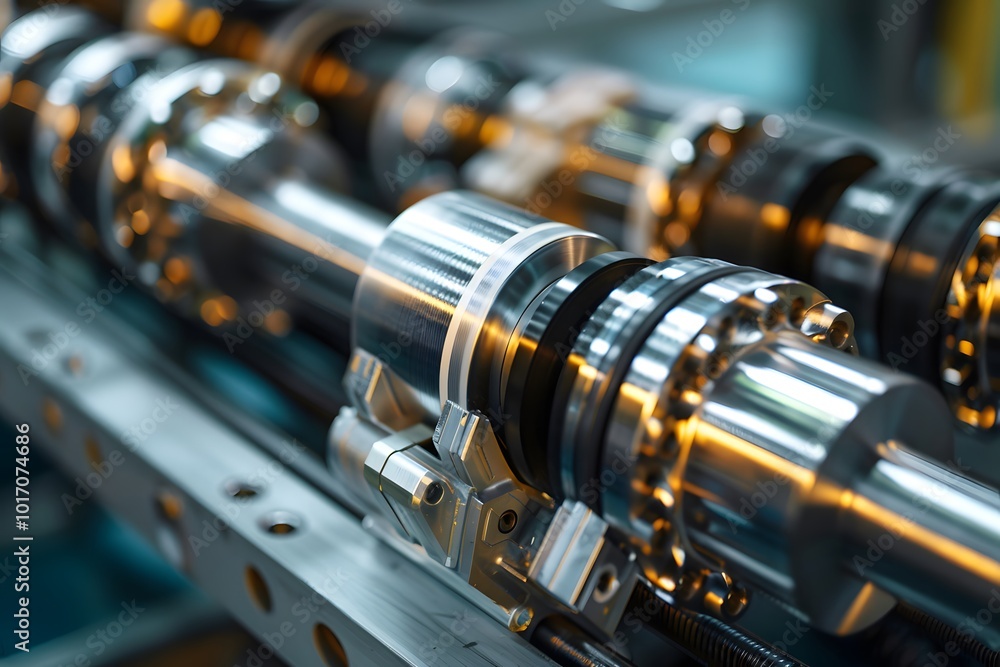 Poster close-up of precision engine components in a manufacturing setting