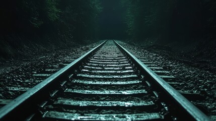 Twilight Noir: Eerie Atmosphere of Desolate Train Tracks at Dusk