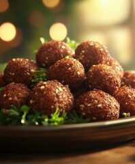 Delicious falafel balls served on a platter with fresh herbs