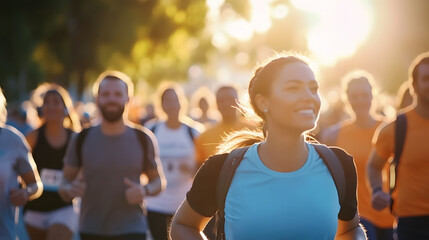 diverse group of people participating in charity walk or run for world health day blurred background