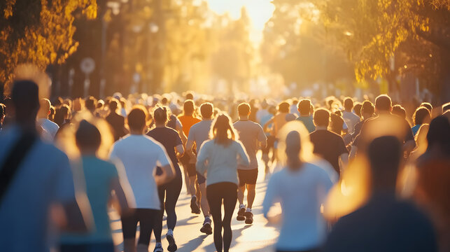 diverse group of people participating in charity walk or run for world health day blurred background