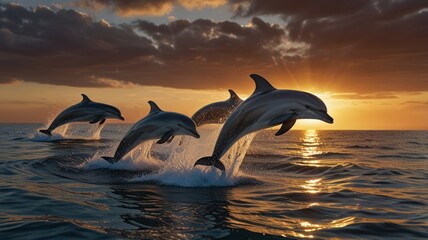 Fototapeta premium Four dolphins leap out of the water at sunset, creating splashes and a sense of joy and freedom.