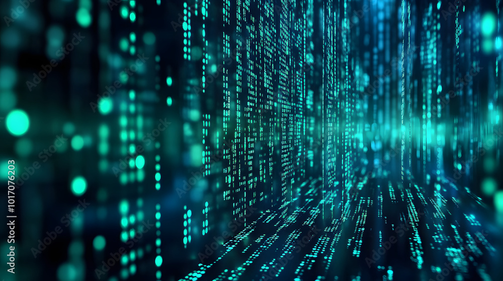 Poster binary code matrix background, perspective view with depth of field, tech style green illuminated nu