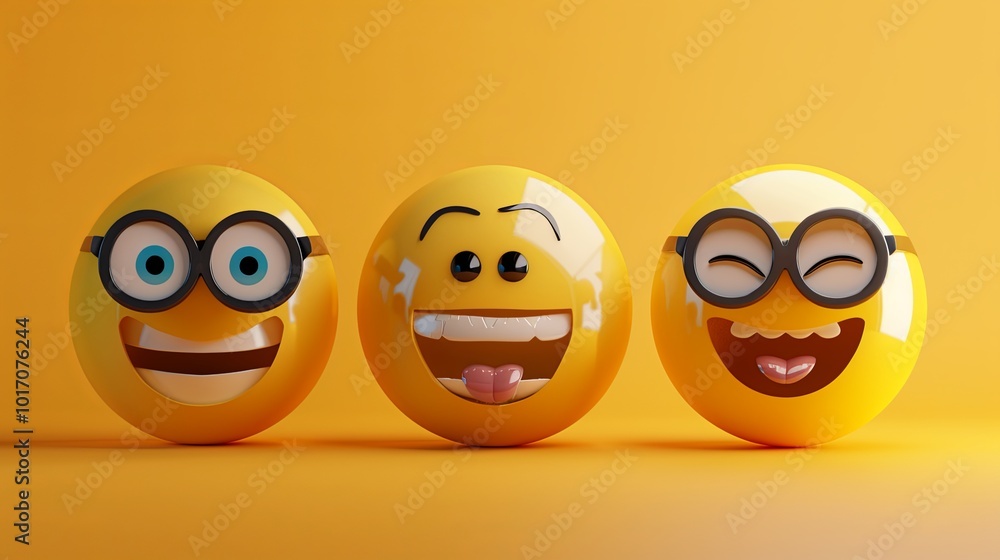 Aufkleber three colorful cartoon emoji faces display joyful expressions on a vivid yellow backdrop, perfect fo