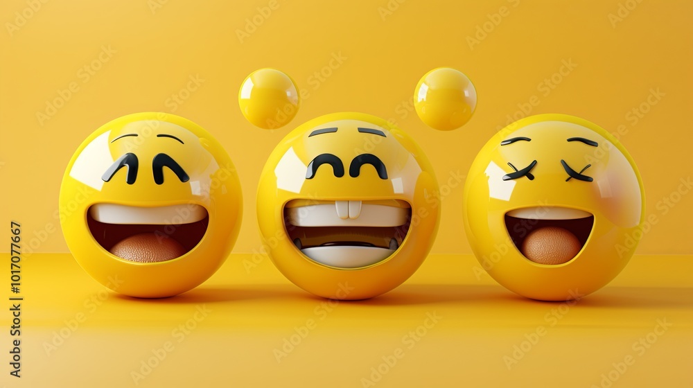 Poster three vibrant yellow emoji faces showcase various expressions of happiness and amusement with a warm