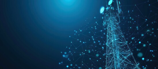 Abstract digital telecommunication tower with antennas as low poly wireframe. Technology 3D polygonal