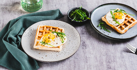 Belgian waffle with fried egg, arugula and spices on a plate on the table web banner