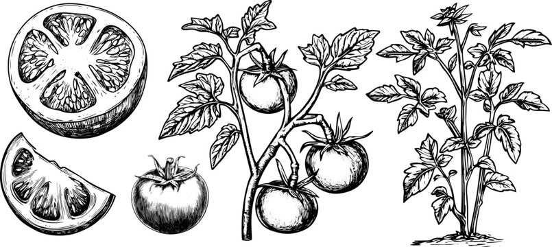 Vintage vector illustration of a tomato set with plant and leaf. Hand-drawn sketch in black ink.