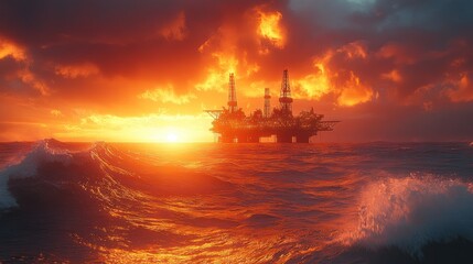 Fototapeta premium Oil rig platform in the ocean at sunset with dramatic clouds.