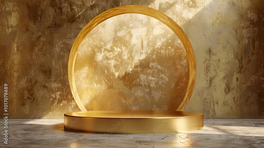 Poster elegant golden display with circular backdrop and pedestal