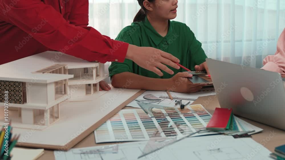 Poster slow motion interior designer using architectural equipment draw a blueprint while interior designer