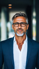 Naklejka premium A confident middle-aged man in a suit and glasses looking directly at the camera.