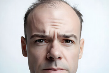 Fototapeta premium Bald man or woman worry about his or her less hairline on white background isolated