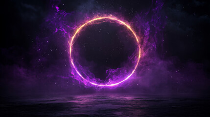 Fototapeta premium A glowing, orange and purple ring hovers over a dark, reflective surface, creating a mystical and futuristic atmosphere.