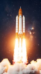 Fototapeta premium illustration of a rocket hovering in Earth’s orbit, The scene takes place at night, showing the Earth below with glowing city lights and a vast starry sky in the background. 