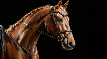 Obraz premium Graceful chestnut gelding horse in elegant dressage bridle, isolated against a black backdrop.