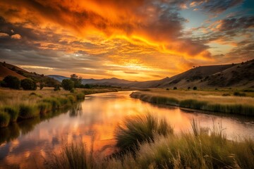 "Peaceful River Landscape Illustration with Lush Forest Reflections | Serene Nature-Themed Design"