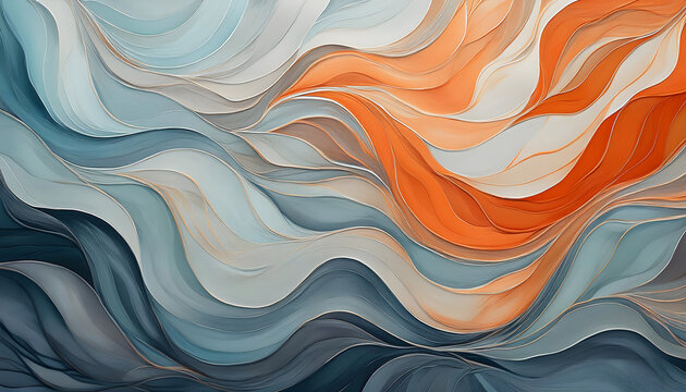 Abstract painting with wavy, interflowing structures in blue, gray, orange, and salmon, Germany.