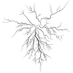 Lightning discharges, Lightning between clouds and ground, Strokes of cloud to ground lightning strike realistic contour, outline lines drawn on a white background