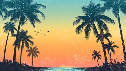 Obraz premium Silhouette of palm trees against a colorful sunset over the ocean.