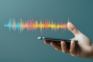 person using voice command on a smartphone for banking, sound waves visualized, send audio message, share voicemail to client using modern application, search information on internet by voice command.