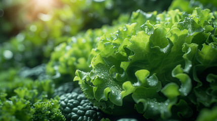 Close up of Fresh green vegetables in hydroponic farm. Organic healthy food presentation background. Greenhouse 