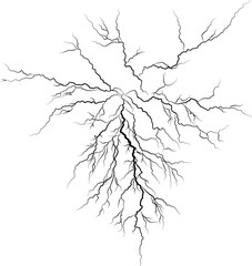 Lightning discharges, Lightning between clouds and ground, Strokes of cloud to ground lightning strike realistic contour, outline lines drawn on a white background