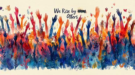 Multiple colorful hands reaching upwards symbolize unity with the phrase 'We Rise by Lifting Others', combining artistic watercolor elements and vibrant flora backgrounds.