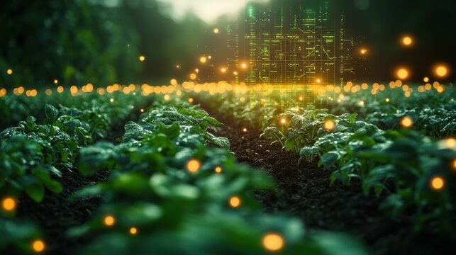 A field of green crops with a glowing digital interface in the background, representing the future of agriculture and technology.