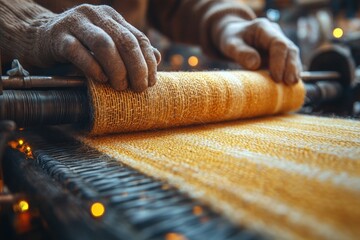 Close-up of a man's hands working on a loom, weaving a yellow fabric.