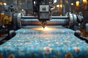 Close-up of a laser cutting machine cutting a patterned fabric.