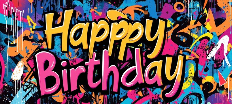 Bold Graffiti Art Happy Birthday Card Design with Colorful Spray Paint Elements