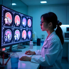 A young female doctor examining brain scans on a computer monitor in a dimly lit medical office. Asian Female Neuroscientist Looking at TV Screen, Analyzing Brain Scan MRI Images