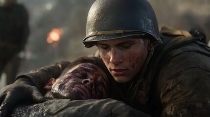 A soldier cradles a wounded comrade amidst the chaos of battle, conveying deep emotion and sacrifice.