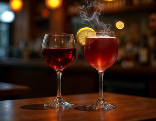 Two glasses of wine on a wooden table in a bar