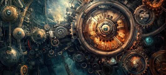 Naklejka premium A detailed steampunk-inspired illustration featuring gears, cogs, and mechanical creatures