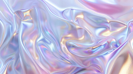 Obraz premium Abstract white silk wavy shapes futuristic background y2k banner. Holographic soft chrome purple pink effect. Pearlescent metal surface wallpaper. Presentation concept texture