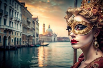 close-up portrait of beautiful woman with facial body art hiding half of her face with carnival venetian mask