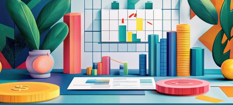 A financial statement illustration featuring bright, bold charts that highlight income, fixed expenses, and variable costs, providing a quick snapshot of financial health