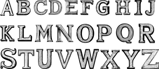 Vintage wood alphabet set in edgy typography style. Hand-drawn vector letters featuring decorative elements and engraved textures.