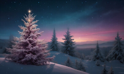 Mesmerizing Christmas tree in a cosmic landscape with shimmering decorations and lights