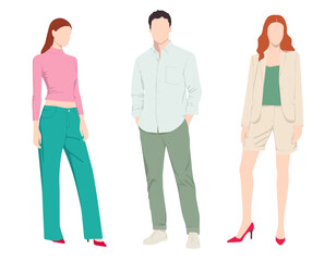1518_Vector fashion illustration of two beautiful women and handsome man wearing various fashionable casual clothes