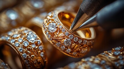 Close-up of a jeweler's tweezers holding a diamond-encrusted gold ring.