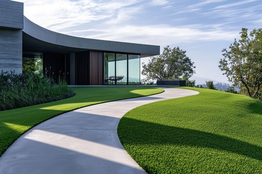 Rich auburn synthetic grass around a contemporary home, enhancing the minimalist design with a curved concrete path