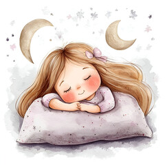  A sweet beautiful girl sleeps sweetly on a soft pillow. Cartoon style. 