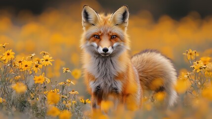 Obraz premium A striking red fox stands gracefully in a vibrant field of yellow wildflowers, exuding curiosity and charm amidst the lush, colorful setting.