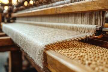 Close-up of an old-fashioned loom with white yarn being woven.