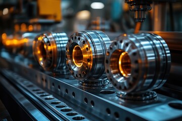 Fototapeta premium Close-up of shiny metal parts on a factory production line.